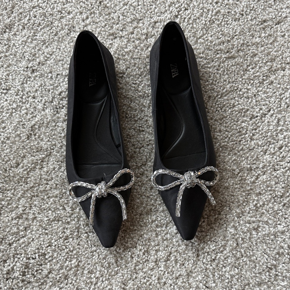 Zara Satin Embellished Bow Flats